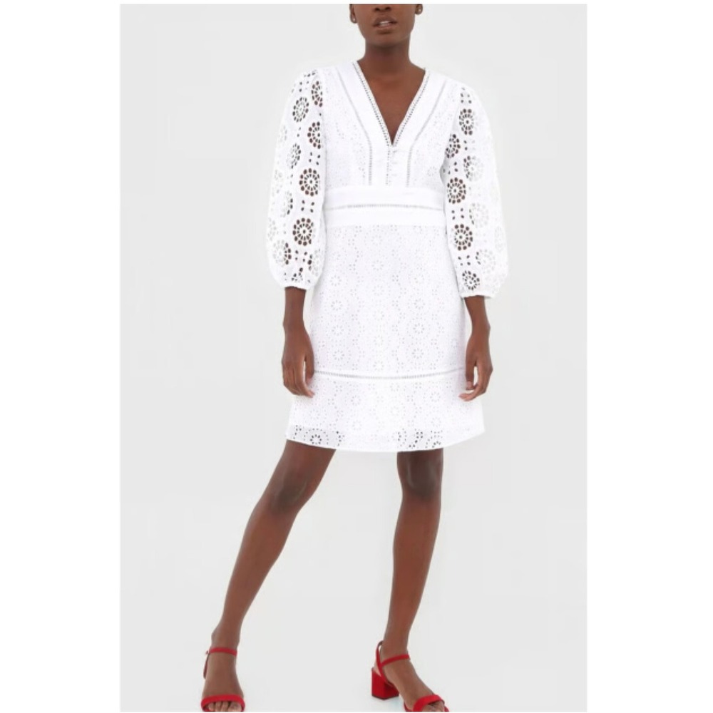 Banana Republic White Eyelet Mini Dress V-Neck Puff Sleeve Cotton Size 4